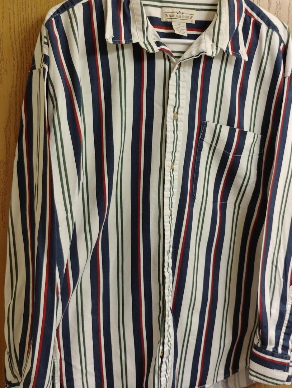Striped Long-Sleeve Button-Down Shirt — White with Navy, Green & Red Stripes